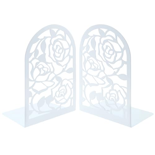 Elegant Rose Bookends Hollow-Out Rose Flower Book Ends Shelves Organizer Metal Book Stands Journal Book Holder Reading Room Decorative Bookends Library Book Stoppers for Office Home School (White) - color: White