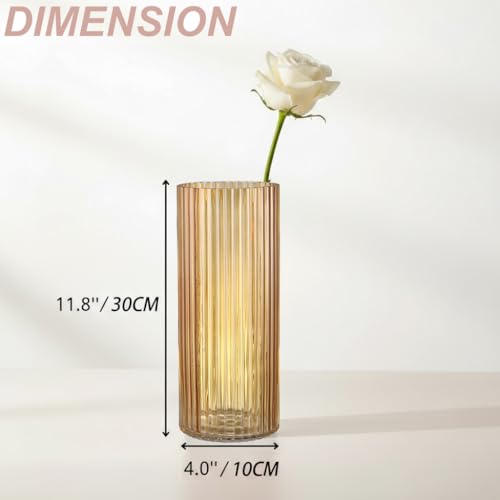 Amber Glass Vase for Flowers, Ribbed Glass Vases, Tall Glass Vases for Tulips, Modern Glass Vase for Living Room, Dining Table, Office, Wedding, Bookshelf, 12 Inches - color: Amber, size: 12''
