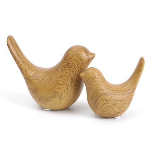 Elegant Wood Look Small Bird Sculptures,Modern Abstract Art Pieces for Bookshelf Decor, Coffee Table Decor, and Luxury Home Decor Accents(2Pcs Set) - color: Wood Look