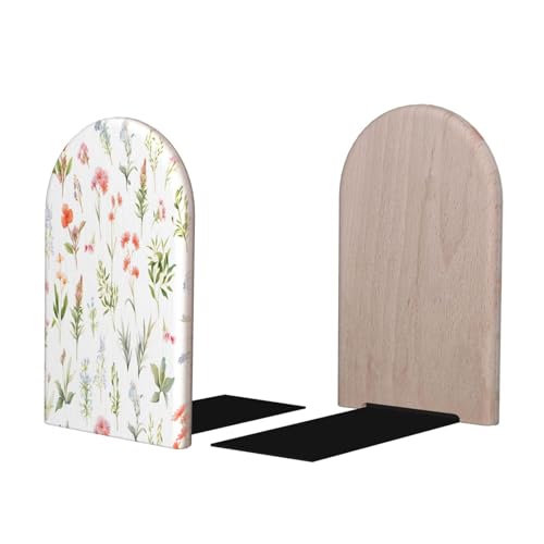 Decorative Bookends 2 Pcs Spring Florals Flower Leaf Wood Bookends for Shelves Heavy Books Kids Non-Skid Book Ends Stoppers for Office Desk Kitchen School - color: Spring Florals Flower Leaf