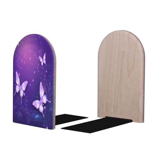 Purple Butterfly Sparkle Star L-Shaped Book Ends 1 Pair Wood Bookends Book End Supports for Heavy Book Shelf Holder Home Decorative - color: Purple Butterfly Sparkle Star