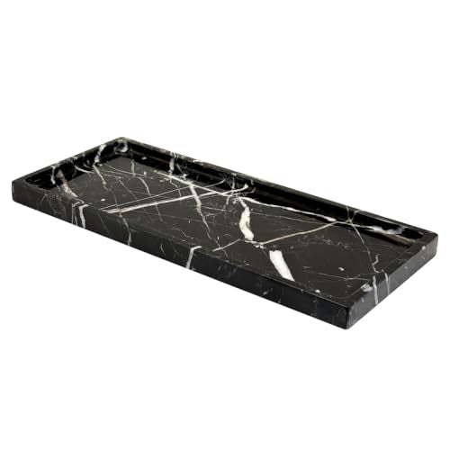 WeDoDecor Luxury Real Black Marble Bathroom Small Tray Vanity Decorative Rectangular Stone Tray for Countertops Dresser Guest Towels Holder Makeup Cologne Organizer for Toilet Tank Bathroom Accessory