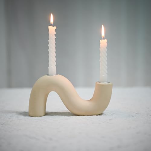 Ceramic Candle Holder, Modern Taper Candlestick Holder for Dining Table, Living Room Coffee Table, Candelabra for 2 Taper Candles - color: Cream
