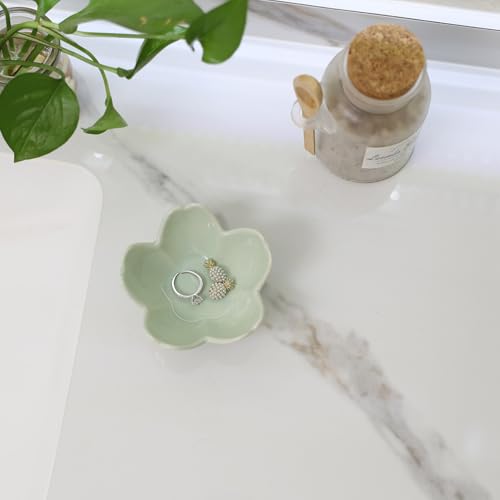 Flower Ring Dish Holder,Jewelry Dish Tray,Small Trinket Tray,Jewelry Plate Bowl,Key Bowl,Decorative Plate,Mothers Day Birthday Gifts for Women Mom Friends,Ceramic Kiln effect Green - color: Kiln effect Green