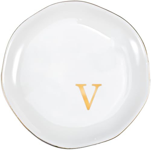 ProCase Ceramic Jewelry Tray, Initial Ring Dish Trinket Plate Engagement Gift, Small Personalized Monogram Ring Bowl for Wedding, White Decorative Jewelry Holder for Women Vanity -LetterV - style: V