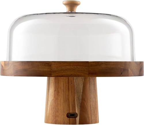 Velvera Heated Cake Stand with Dome, Cordless Food Warmer, Adjustable Temperature up to 180°F, Wooden Cake Display Stand for Cakes, Brownies, Pastries, Muffins & Cookies