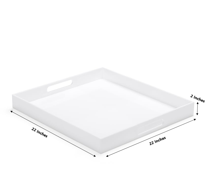 White Modern Acrylic Ottoman Tray with Cutout Handles 22x22 Inch Over-Sized Serving Tray Rubber Boot Tray Organizer Decorative Tray for Living Room, Bedroom,Bathroom and Kitchen Tabletop - color: White, size: 22" x 22" x 2"
