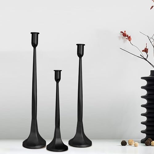 Iron Taper Candle Holder Set of 3, Decorative Candlestick Holders,Tall Candle Stand for Wedding, Dining Table, Party Decoration (Black, 12" 14" 15.5") - color: Black