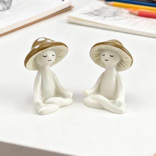 2Pcs Cute Meditation Mushroom Statue-Meditation Mushroom Resin Statue for Desk Living Room Resin Figurine for Home Patio Office Decor Cute Plant Statues for Tabletop Garden Backyard Decor