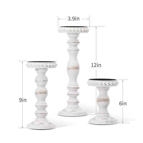 Mumufy 3 Pcs Candle Holders for Pillar Candles Rustic Farmhouse Home Decor Decorative Washed Beaded White Black Wood Candle Holder Country Style for Table Mantel Fireplace Wedding(White,Large) - color: White, size: Large