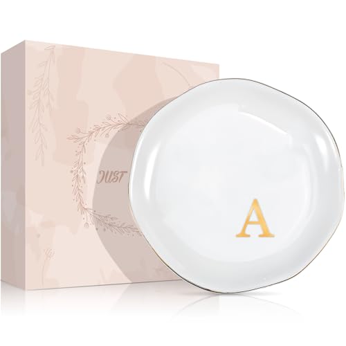 ProCase Ceramic Jewelry Tray, Initial Ring Dish Trinket Plate Engagement Gift, Small Personalized Monogram Ring Bowl for Wedding, White Decorative Jewelry Holder for Women Vanity -Letter A - style: A
