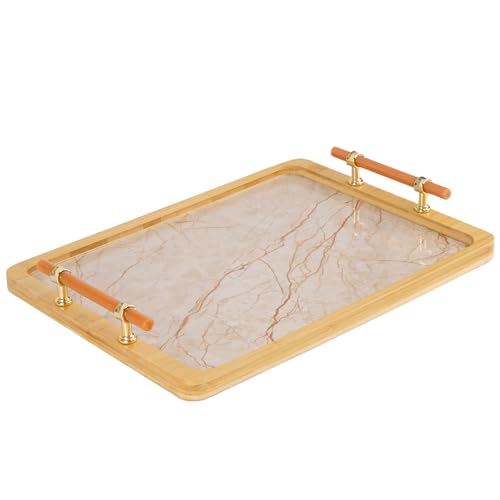 JUPELI 16" x 12" Bamboo Serving Tray with Handles – Marble Pattern Decorative Rectangle Tray for Coffee Table, Kitchen, Vanity, Bathroom, or Ottoman – Perfect for Bread Food Fruit Display & Storage - style: 1 PACK-Square-15.5" X 11.5"