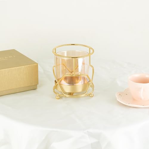 Hurricane Candle Holder, Gold Pillar Candle Holder with Geometric Decorative Accents & Windproof Glass Lid, Perfect for Weddings, Dinners, Parties & Special Events - size: 13cm