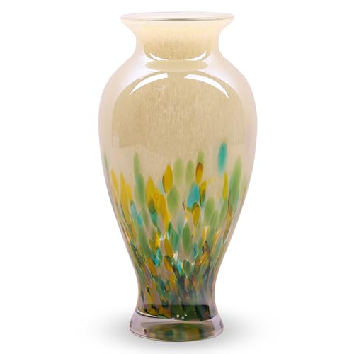 Hand Blown Glass Vase 11.8" Tall Beautiful Green Sea Wide Mouth Bud Vase for Table Centerpiece, Painted Colorful Murano Glass Flower Vases for - Home Entrance Wedding Center - color: Green