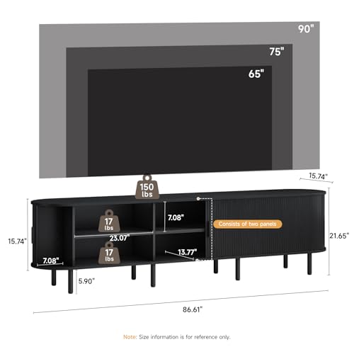 86.6" TV Stand with Power Outlet, Mid-Century Modern Television Stand, Fluted Media Console with Sliding Doors, Entertainment Center for TVs up to 90 Inch, Adjustable Shelves, Black - color: Black, size: 86.6 Inch