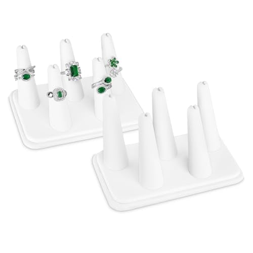 MOOCA Deluxe Leatherette 2 Pcs Set 5-Ring Organizer for Showcase Display Ring Finger Holder Jewelry Display Stands Jewelry Storage, White PU Leatherette, 5 1/4 W x 3 5/8 D x 2 3/8 H inch - color: White Faux Leather, 5 Rings x 2