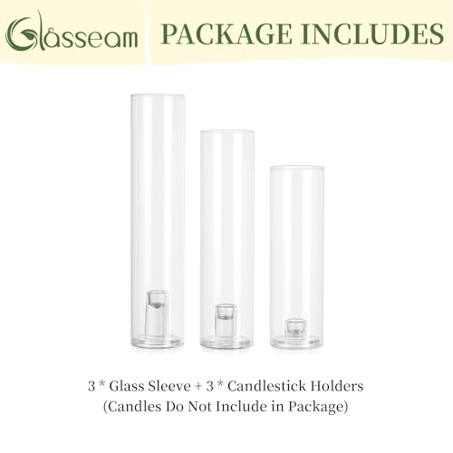 Glasseam Hurricane Taper Candle Holders: Set of 3 Glass Candlestick Holders with Clear Tall Cylinder Candle Sleeves for Centerpiece Table Outdoor Wedding Home Decor 9.84''/11.84''/13.78'' - size: Hurricane+Candlestick