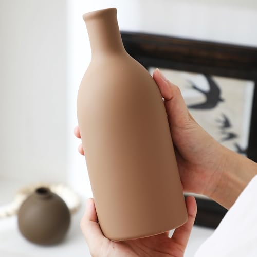 Ceramic Vase Set of 3, Vases Home Decor Rustic Farmhouse Decorative Vase Pottery Vases for Bouquet Pampas Grass Dried Fresh Flowers, Table Living Room Kitchen Bedroom Bathroom - Brown - color: Brown