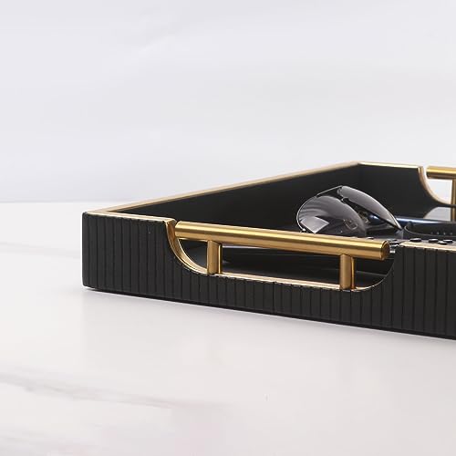 Wooden Structure Leather Decorative Coffee Table Square Tray, Farmhouse Counter PU Tray - Room Serving Trays, Brushed Champagne Gold Handle (Black) - color: Black