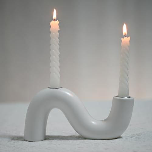 Ceramic Candle Holder, Modern Taper Candlestick Holder for Dining Table, Living Room Coffee Table, Candelabra for 2 Taper Candles-White - color: White