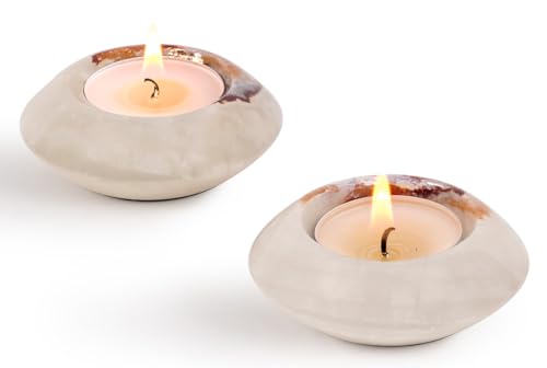 Tealight Candle Holders Set of 2 – Handcrafted Natural Marble Tea Light & Votive Holders, Decorative Stone Candle Holder Pair for Home Décor, Dining Table, Coffee Table & Wedding Decor - color: White Onyx, size: 3" Inches
