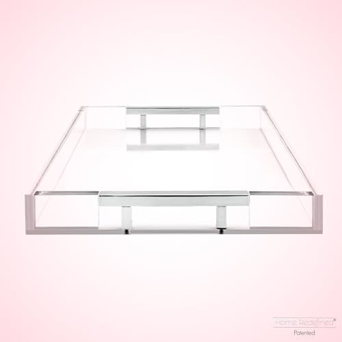 Modern 16"x12" Rectangle Acrylic Lucite Plastic Decorative Serving Tray with Silver Stainless Steel Metal Handles for Home Decor Ottoman Coffee Table Food Fruits Lap Vanity Perfume By Home Redefined - color: Clear/Silver