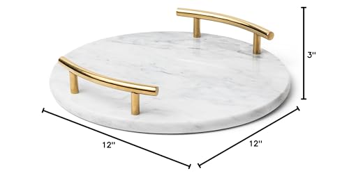 White Marble Tray with Gold Handles - Elegant Solid Marble - Chic Modern Elegant Round Vanity Tray for Bathroom - size: Round 12"