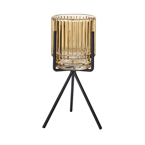 Elements 3.94x3.94x6.89 Inch Gold Glass and Black Metal Stand Candleholder, for Use with a Wax or Flameless Tealight Candle