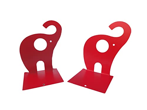 one Pair Cute Cartoon Elephant Nonskid Bookends Art Bookend Metal Bookends (Red) - color: Red
