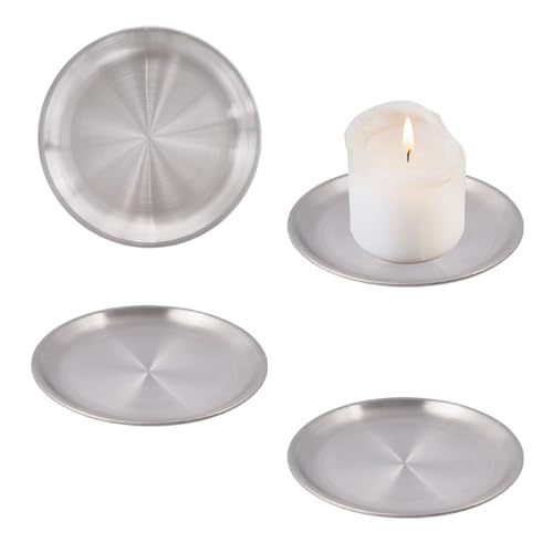 GLOBLELAND 4 Pack Silver Gray Decorative Iron Plate Candle Holder Stainless Steel Round Candles Tray Holders Set Decorative Pillar Candle Holder Dish for Table Centerpiece