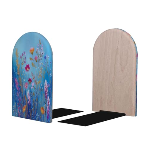 Wood Book Ends for Shelves Wildflowers On Blue Floral Art Bookends for Heavy Books CDs Organizer Decorative Wooden Book Stopper Holders for Home Office Desk,5.1x3.1x4in,Set of 2 - size: 5.1x3.1x4in