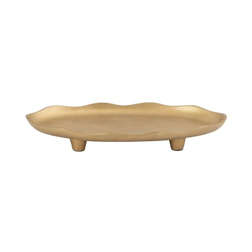 Kate and Laurel Alessia Modern Decorative Scalloped Oval Footed Metal Tray; 14 x 8; Gold; Transitional Food-Safe Cast Aluminum Pedestal Tray with Rough Texture and Deckled Edge - color: Gold