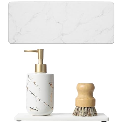 2PCS Water Absorbing Stone Drying Tray for Kitchen Counter, Diatomite Mat Vanity Caddy for Bathroom Sink, Faucet Splash Guard,Soap Dispenser Rack Sponge Holder Organizer, Marble White, 9"x3.5" - color: 2 Pack - Marble White, size: 9" x 3.5"