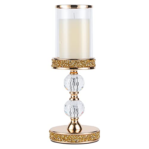 Pillar Candle Holder, 13 Inch Crystal Candlesticks for 3''X5'' Candles, Dining Coffee Table Decor, Wedding, Events, Parties - Glass and Gold Finish - size: 2 crystal balls