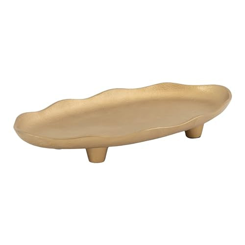 Kate and Laurel Alessia Modern Decorative Scalloped Oval Footed Metal Tray; 14 x 8; Gold; Transitional Food-Safe Cast Aluminum Pedestal Tray with Rough Texture and Deckled Edge - color: Gold