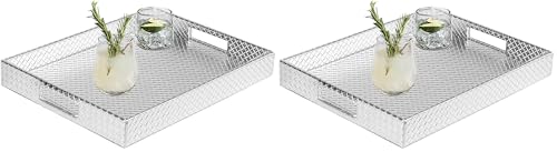 HofferRuffer Rectangle Serving Tray with Hole Handles for Coffee Table, Breakfast, Tea, Food, Butler - Countertop, Kitchen, Vanity Serve Tray, 16.2 x 12.2 x 2 inches, Faux Leather (Silver) (Pack of 2) - color: Silver, size: 16.2" x 12.2" x 2" (Pack of 2)