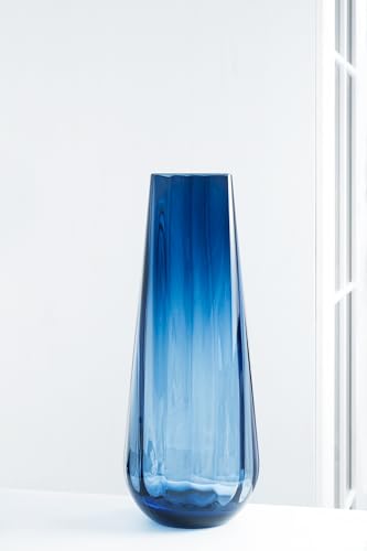 Flower Vase - Glass - Blue - Colored - Thick - 13.9" H - Square Top - Optic Design - European Made - by Barski