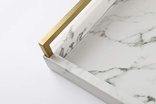 17.8 * 11.8" White PU Leather Marble Finish Decorative Tray Serving Tray with Brushed Gold Handle for Coffee Table, Console Table, Ottoman - color: White