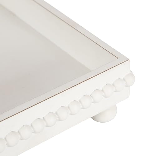 Kate and Laurel Strahm Rectangle Wooden Beaded Display Tray, 10 x 24, White, Lightly Distressed Wood Decorative Footed Tray for Use as Useful Ottoman Tray or Kitchen Serving Tray
