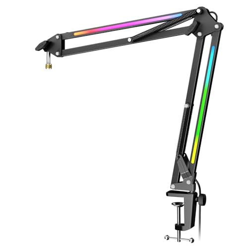 FIFINE Microphone Boom Arm, Metal Adjustable Mic Arm Stand with RGB Control, 3/8” to 5/8” Screw Adapter, Desk Mount Clamp, Suspension Scissor Mic Stand for Gaming Streaming Podcast-AmpliGame BM38 - color: Black, size: BM38（with RGB Effects)