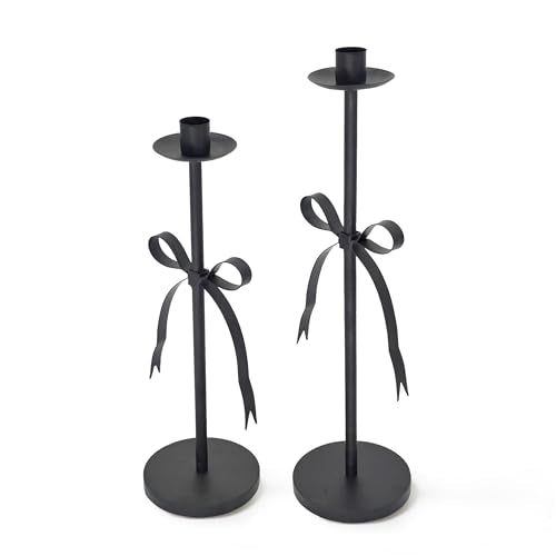 Black Taper Candle Holder Set of 2-Metal Bow Candle Sticks Holder Decor,Modern Tall Candle Holder,Decorative Candlesticks for Fireplace, Wedding, Holiday & Christmas - color: Black