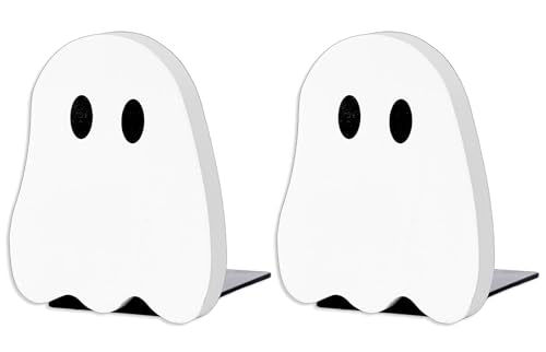 JarThenaAMCS 2Pcs Halloween Wood Bookends White Ghost Shape Wooden Book Stands Cute Ghost Non Skid Book Stoppers for Heavy Books Home School Office Library