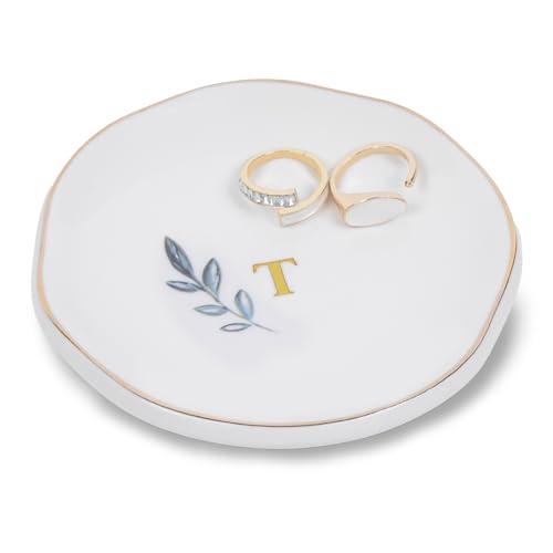 Personalized Ceramic Ring Dish, Initial Jewelry Tray for Rings, Earrings, Necklaces & Bracelets, Gift for Engagements, Birthdays, Holidays, Mom, Sister, Bridesmaid, Bride-to-Be, 4" Ring Plate - color: T