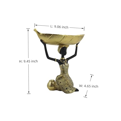 African Woman Resin Statue Holding Leaf Bowl – Golden Tribal Kneeling Figurine for Jewelry Tray, Snack Holder, Home Shelf Decor - color: 313gold
