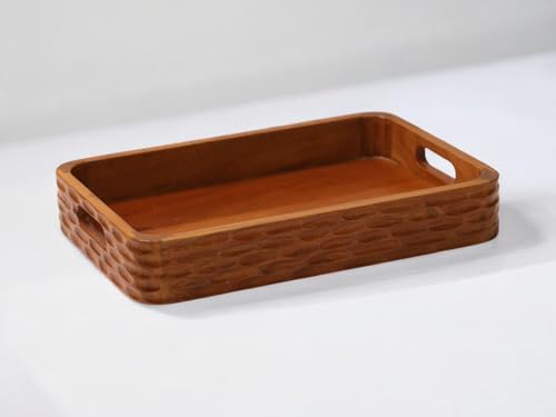 Vesta Homes Acacia Wood Serving Tray for Home/Kitchen/Restaurant/Office Organizer/Dining Table | Premium Serving Trays | 38 x 25 x 5 cm | Handcrafted in India - size: 15" x 9.8" x 2" (Single Tray)