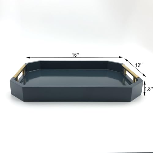 Serving Tray with Polished Metal Handles, Hexagon Coffee Table Tray, Modern Rectangle Decorative Tray, Large Ottoman Tray, Perfect for Storage and Display (Blue Rectangle) - color: Blue Rectangle