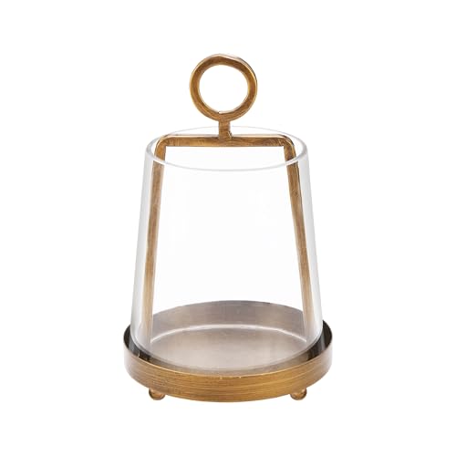 6" Wide Modern Farmhouse Metal Hurricane Candle Holder with Handmade Sturdy Glass Sleeve in Antique Brass for Pillar Candle & Plants, Glass Hurricane Lantern, Industrial, Minimalistic - color: Brass, size: 6"x10"