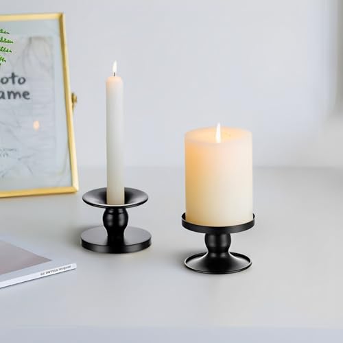 Table Gold Candle Holders – Set of 2 | Reversible Metal Candle Stand for Pillar & Taper Candles | Stylish Tabletop Candle Tray for Home Décor, Weddings & Special Occasions (Black) - color: Black