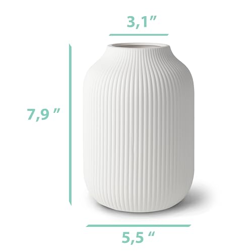flature Ceramic Vase with Grooves - Waterproof Flower Vase in Matte White for Fresh Flowers, Dried Flowers, Pampas Grass, Large 7.9" Tall Vase as a Gift, Decoration for Living Room, Bedroom, Office. - color: White