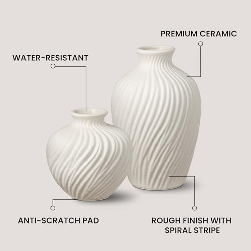White Ceramic Vase Set of 2 - Modern Flower Vases for Home Decor - Rustic Textured White Vase for Living Room Decor - 8.65×5.5 & 5.5×5.5 Inch Round Vases for Dining Table Centerpiece Decoration